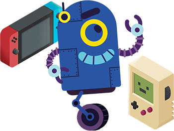 A happy robot playing with different devices